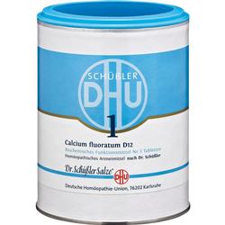 Blaue Dose mit der Aufschrift "Schüßler Salze Nr. 1, Calcium fluoratum D12".