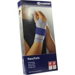 Verpackung mit einer Handgelenkbandage von Bauerfeind namens ManuTrain.