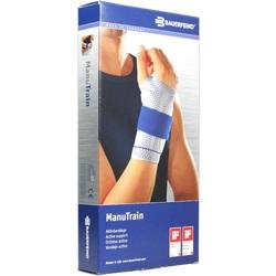 Eine blau-graue Handgelenkbandage von Bauerfeind in einer Verpackung.