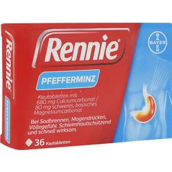 Rotes Rennie-Pfefferminz-Verpackung für Magenbeschwerden mit 36 Kautabletten.