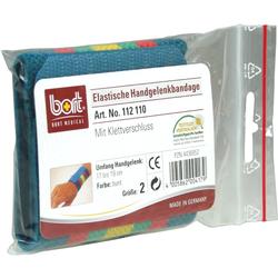 Bunte elastische Handgelenkbandage in einer Plastiktüte mit Klettverschluss.