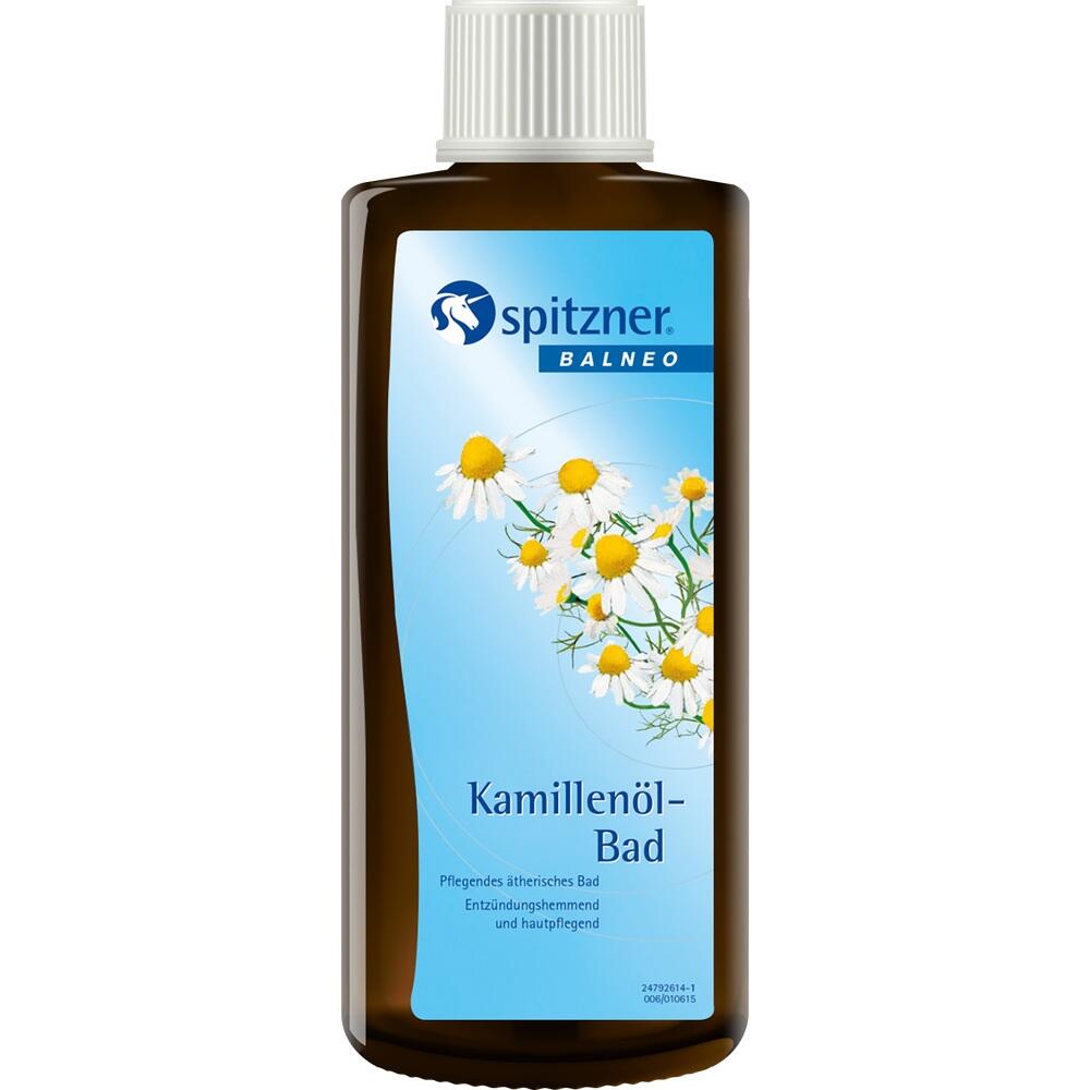 Braune Flasche mit Kamillenöl-Bad von Spitzner, mit Kamillenblüten auf dem Etikett.